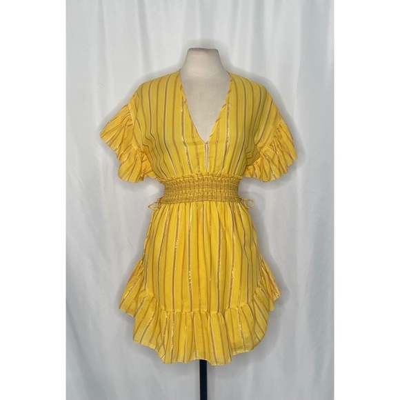 SAYLOR Yellow Metallic Striped Dress Fluttery Smocked Mini Gold Party Medium - Picture 3 of 13